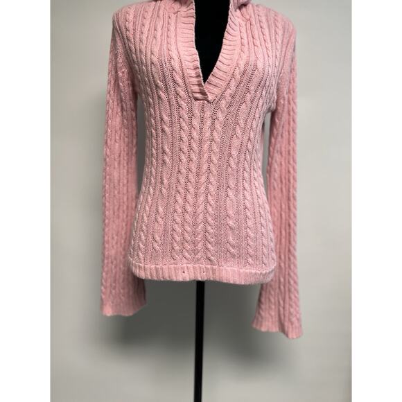 VTG Y2K Cable Knit Sweater L Pink Fitted V Neck Hooded Vampire Diaries Elena - Picture 6 of 13